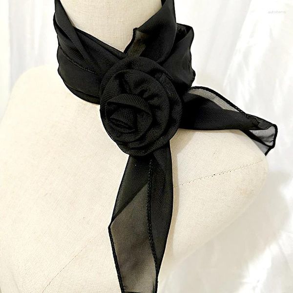 Шарфы, модный шифоновый шелковый шарф для женщин, цветочный принт на шею, декоративная пряжка розы, искусственный воротник, солнцезащитная шаль