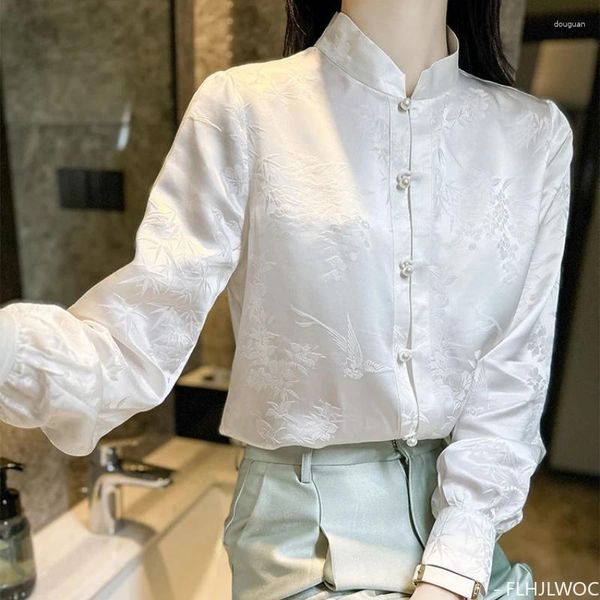 Blusas femininas estilo chinês chi-pao colarinho design topos mulher 2024 primavera retro vintage fino botão confortável básico camisas brancas
