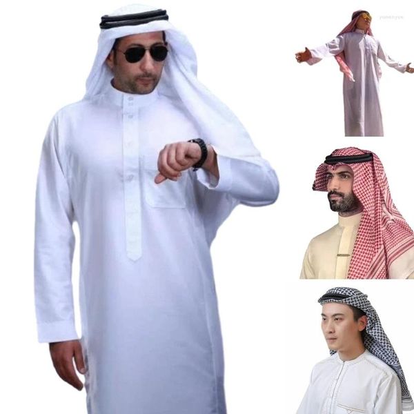 Abbigliamento etnico 2024 Ramadan Musulmani Abito Abaya Dubai Casual Caftano Abito Costume islamico con sciarpa araba Kefiah Set Regali per gli uomini