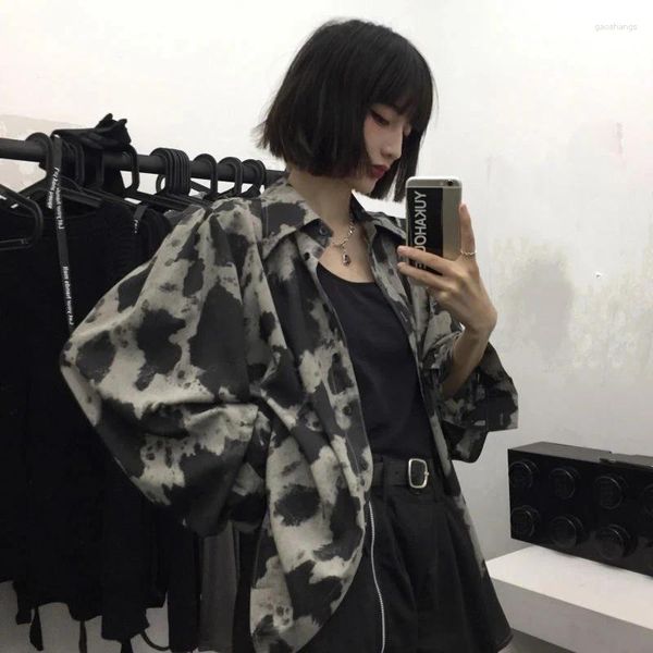 Blusas femininas mexzt vintage tie dye camisas mulheres harajuku leopardo impressão oversize streetwear gótico manga longa padrão cardigan topos