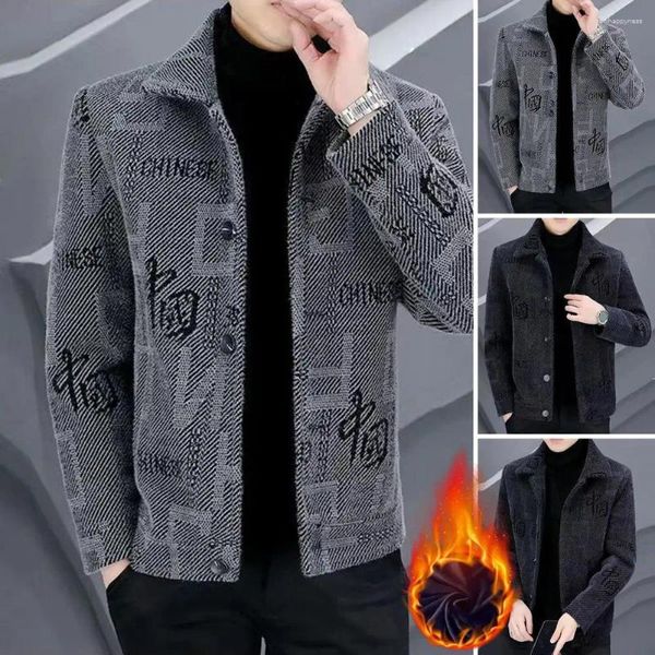 Herrenjacken Männer Oberbekleidung Mantel Chinesischer Druck Herbst Winter mit Umlegekragen Einreiher Langarm Strickjacke für dick