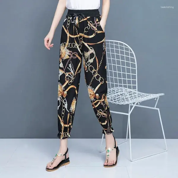 Calças femininas 2024 verão na moda malha oco para fora impressão de secagem rápida solto encaixe casual leggings fino cortado harlan