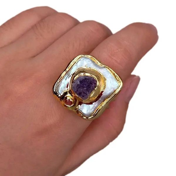 Кольцо Y.YING с пресноводным культивированным белым квадратным жемчугом и фиолетовым аметистом «Друзы», регулируемое 231229