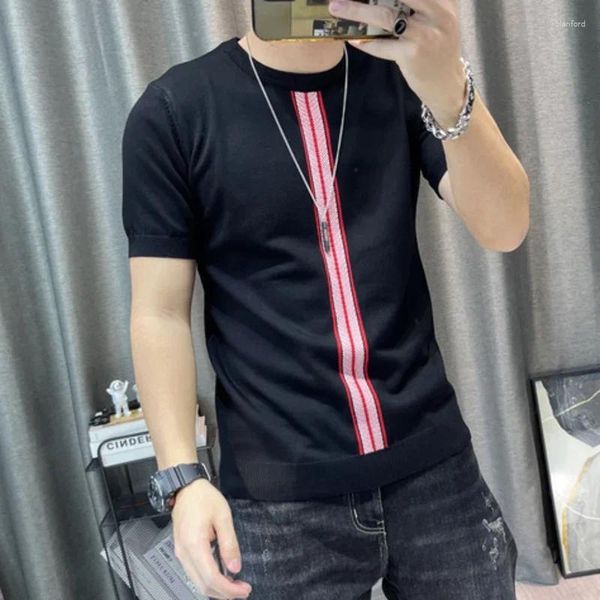 Camiseta masculina o-pescoço esticado camiseta retalhos cor listra fino ajuste de malha homme streetwear moda casual camiseta