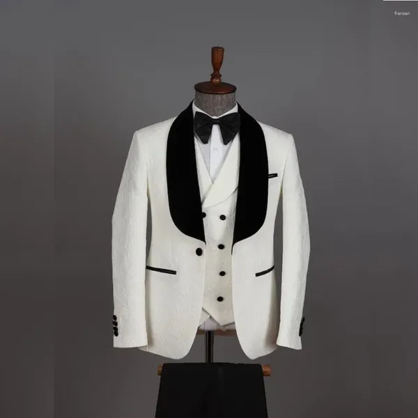 Herrenanzüge, weißer Hochzeits-Jacquard-Stoff, schwarzer Schal-Revers, einreihig, elegant, komplettes Set, formelle 3-teilige Jacke, Hose, Weste
