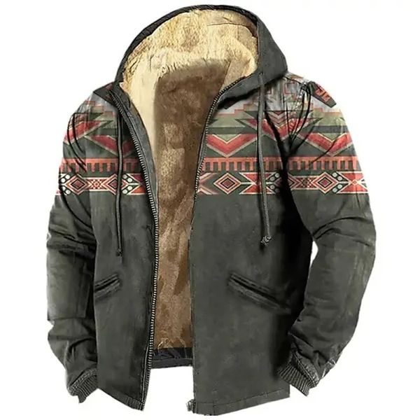 Зимние флисовые толстовки на молнии для мужчин, винтажные куртки с капюшоном и принтом в этническом стиле, уличная верхняя одежда, пальто с капюшоном на молнии 231229