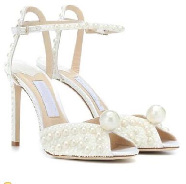 6002 Yaz Lüks Markalar Sacora Elbise Ayakkabı Beyaz İnciler Deri Pompalar Lady Stiletto Topuk Ayak Bileği Kayışı Gelin Düğün Yüksek topuklu ayakkabılar