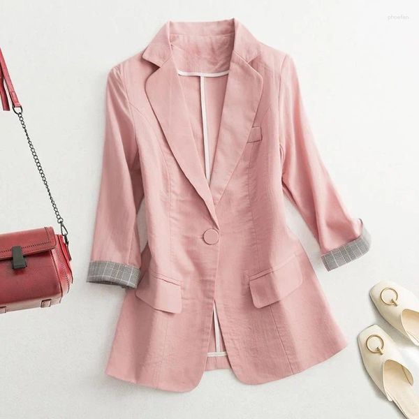 Ternos femininos S-3XL Mulheres Blazer Jaqueta Fina Manta Manguito Manga Slim Primavera Verão Outono Casual Trabalho de Escritório Plus Size Preto Bege Rosa Verde