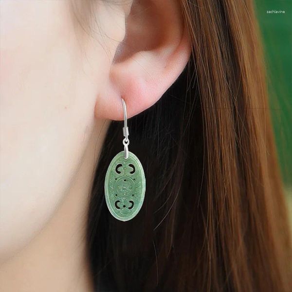 Boucles d'oreilles pendantes en Jade naturel de qualité A, creuses antiques avec graines de haricots, incrustées d'argent S925, ethniques pour femmes et hommes