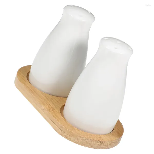 Set di stoviglie 1 set dispenser di sale per pepe in ceramica bianca portatile in polvere per farina e spezie con vassoio in legno