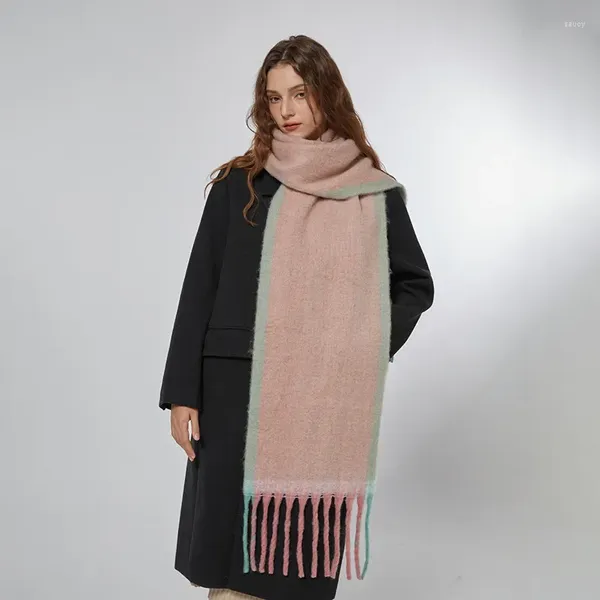 Шарфы 2024, зимняя минималистичная кайма, теплый женский шарф с имитацией кашемира, мягкий липкий плюшевый розовый холодостойкий шаль