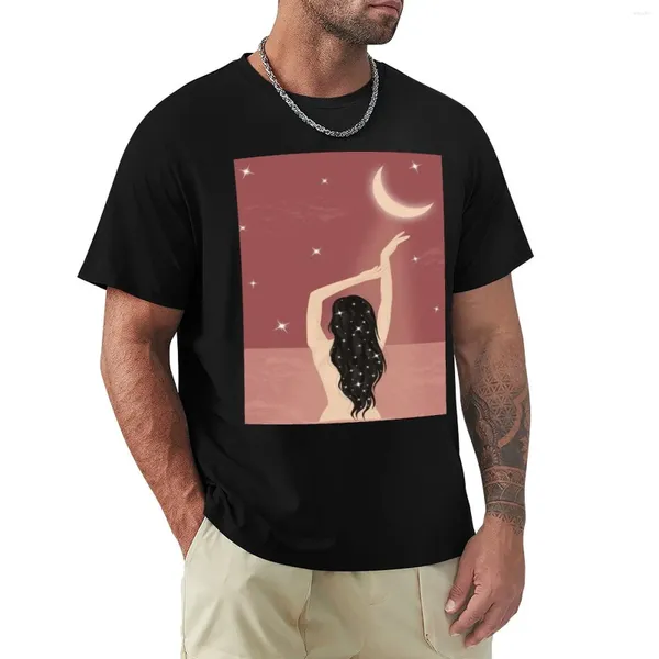 Canotte da uomo Ragazza con la luna in spiaggia | Opera|| T-shirt Pink Art Abbigliamento estetico Manica corta T-shirt nere Grafica da uomo