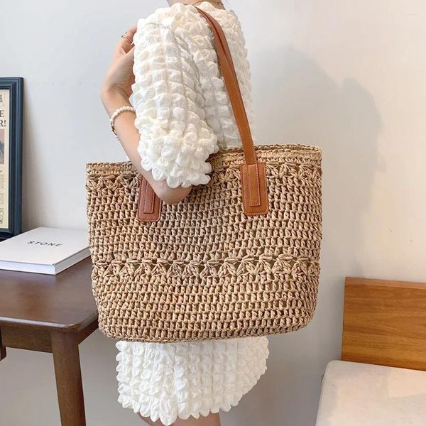 Sacos de cintura verão senhoras tecido tote grande capacidade saco de compras artesanal moda casual simples corda de papel portátil para férias à beira-mar