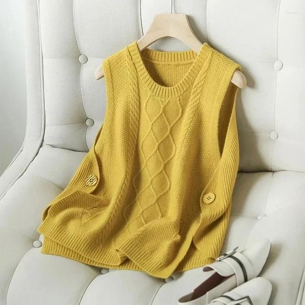 Damenwesten Knopfstrickweste 2024 Allgleiches Strickpullover Vintage ärmellose seitliche Weste Pullover Oberbekleidung weiblich FREW