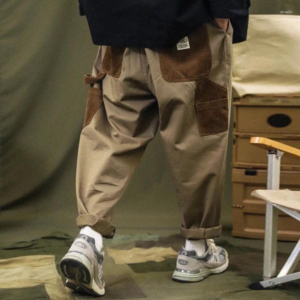 Erkek pantolon tdfr patchwork kargo erkekler kadife kontrast dikiş pantolonlar erkek sokak kıyafetleri gevşek gündelik