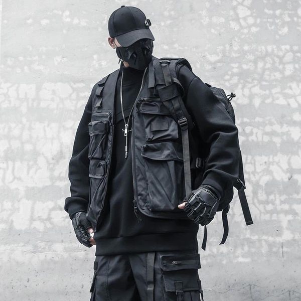 Мужские жилеты Techwear Зимний жилет-карго в стиле панк-хип-хоп с подкладкой без рукавов, мужская уличная повседневная тактическая куртка с несколькими карманами, утепленный теплый жилет