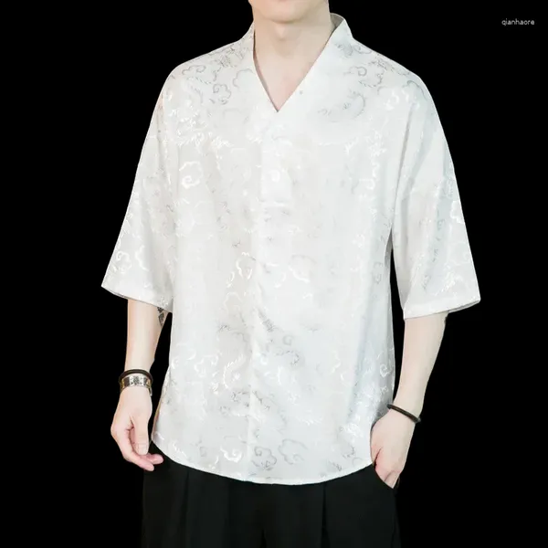 Мужские повседневные рубашки, футболка с коротким рукавом, лето 2024, китайский стиль с v-образным вырезом, жаккардовый винтажный костюм Тан и Хан, модный топ