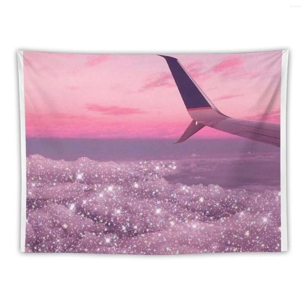 Tapeçarias estéticas nuvens brilhantes pastel rosa céu avião vista tapeçaria nordic decoração de casa quarto decorações decorativas murais de parede