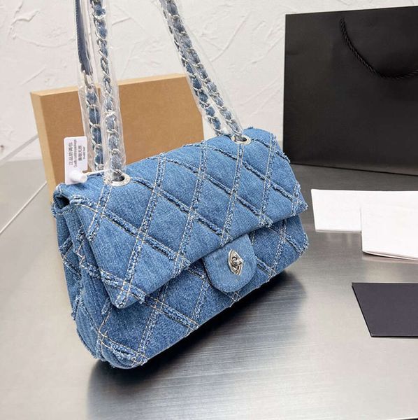 Bolsa feminina de luxo 25cm designer cc bolsa de ombro bolsas vintage bolsa azul escuro denim prata corrente hardware deve alça