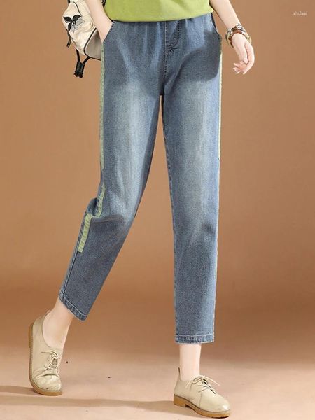 Jeans femininos hcxr mulheres 2024 outono vintage cintura elástica femme denim calça clássico solto moda casual retalhos calças versáteis