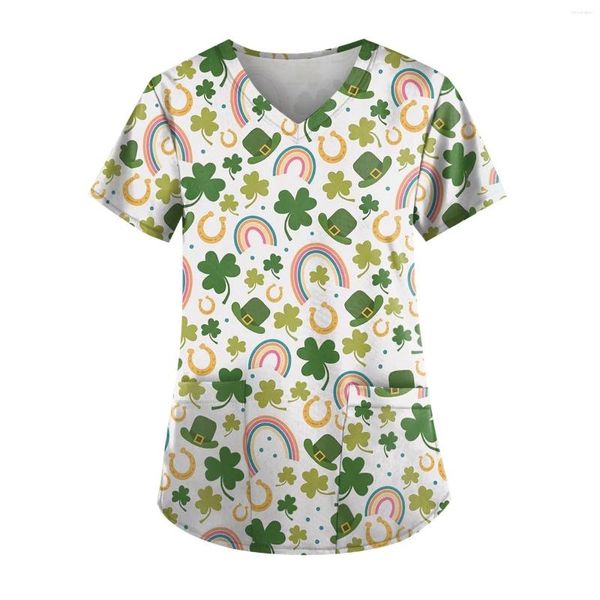 Damen-T-Shirts, modische Scrubs-Oberteile, St. Patrick's Day-Kleidung, Hemd, kurzärmelig, Krankenpflegeuniform, V-Ausschnitt-Uniformen