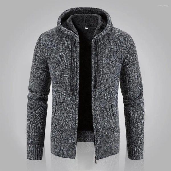 Camisolas masculinas 2024 outono inverno homens com capuz velo cardigan de malha quente sweatercoat cor sólida casual camisola jaqueta homem