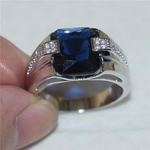 Hommes 925 Argent Bleu Saphir Simulé Diamant CZ Pierre Gemme Taille Émeraude Anneaux De Fiançailles Anniversaire De Mariage Bande Bijoux b261b