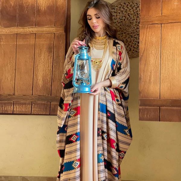 Roupas étnicas Duas peças muçulmano abaya vestido conjunto colorido listras geométricas impressão marroquino kaftan dubai turquia femme musulman