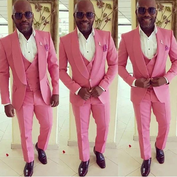 Ternos masculinos rosa casamento noivo 3 peça jaqueta calças colete xale lapela único breasted elegante festa fino ajuste traje hombre 2024