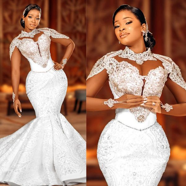 Luxuoso árabe africano plus size aso ebi vestidos de casamento ilusão sereia gola alta mangas compridas rendas vestidos de noiva para mulheres negras vestido de casamento de pérolas D104