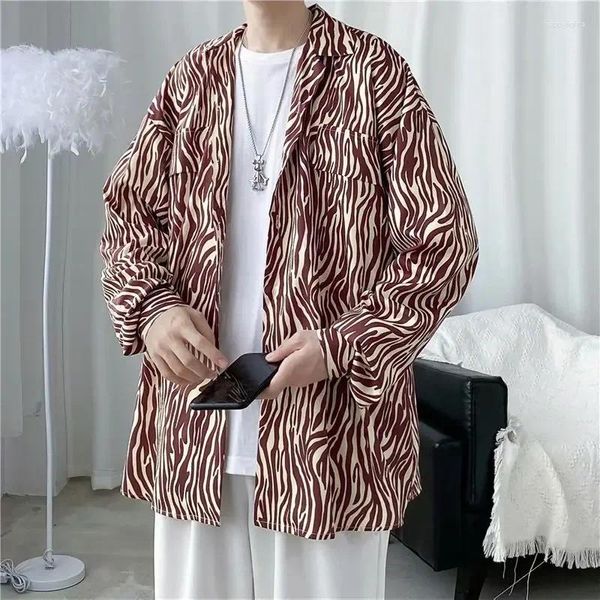 Camisas casuais masculinas zebra listrado camisa primavera outono drape personalizado solto manga longa casaco camisa hombre