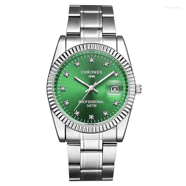 Relógios de pulso Chronos Homem À Prova D 'Água Quart Relógio com Data Analógico Negócios Masculino Aço Inoxidável Strass Verde Azul Dial