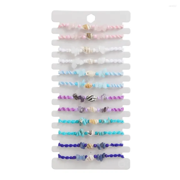 Braccialetti di collegamento 12 pz/lotto pietra schiacciata naturale conchiglia intrecciata braccialetto dell'amicizia corda intrecciata regolabile fortunato rosa viola cielo blu regalo