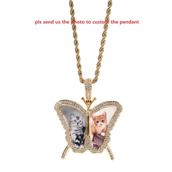 Hip hop corrente de ouro DIY personalizado foto borboleta moldura pingente colar homens luxo cobre diamante casal pingente lembrança corda colar 24 polegadas 1967