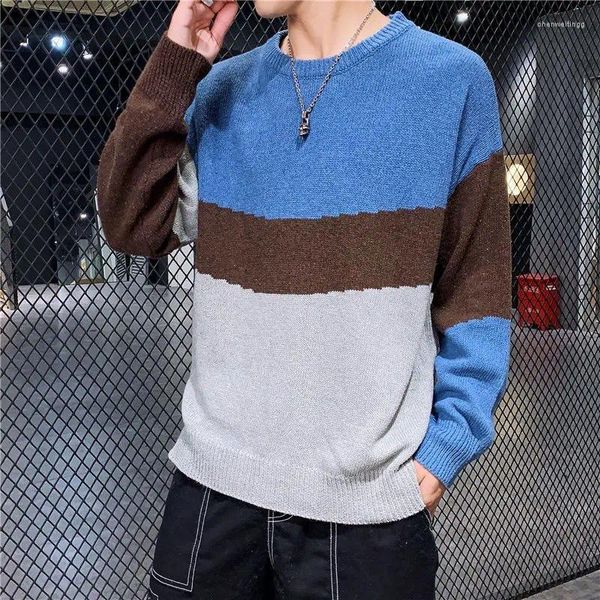 Erkek Sweaters Örgü Sweater Erkek Mürettebat Kakilleri Giyim Mavi Çizgili Yuvarlak Yuvarlak Yuvarlak Zarif Japon Retro