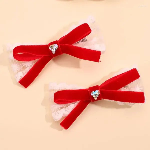 Accessori per capelli 2 pezzi fermagli per fiocco in velluto rosso vintage per donne ragazze matrimonio pizzo coreano forcine strass barrette
