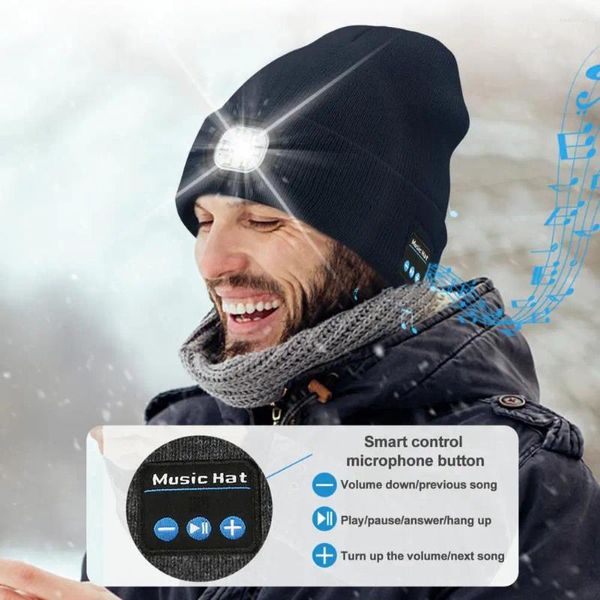 Berets Led Chapéu Beanie Inverno Recarregável Com Bluetooth Música Alto Brilho Iluminação Macia Tecido de Malha para Camping