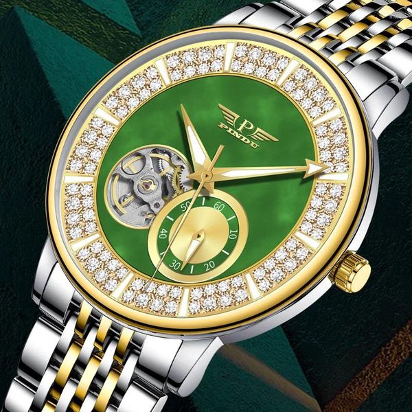 Наручные часы PINDU 2024, зеленые, из нержавеющей стали, с турбийоном и бриллиантами, классические мужские механические часы, модный хронограф, 30 метров