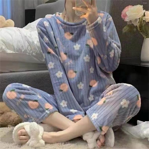 Женская одежда для сна, фланелевые пижамные комплекты, осенне-зимняя бархатная пижама с мультяшным цветочным принтом, женская пижама Mujer, домашняя одежда из 2 предметов