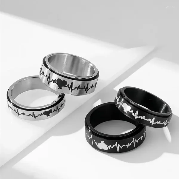 Cluster Ringe Edelstahl Herzschlag Spinner Paar Ehering Ring für Frauen Männer Größe 5-12