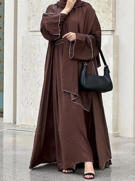 Ethnische Kleidung Ramadan Frauen Muslimische Gebetssets Offener Kimono und Kurzarmkleid mit Kopftuch Kuwaiti Saudi-Marokkaner Robe mit Gürtel