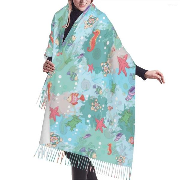 Sciarpe Sciarpa invernale con nappa Vita marina astratta sulle macchie Donna Collo in cashmere Testa Calda Pashmina Lady Scialle Bandana