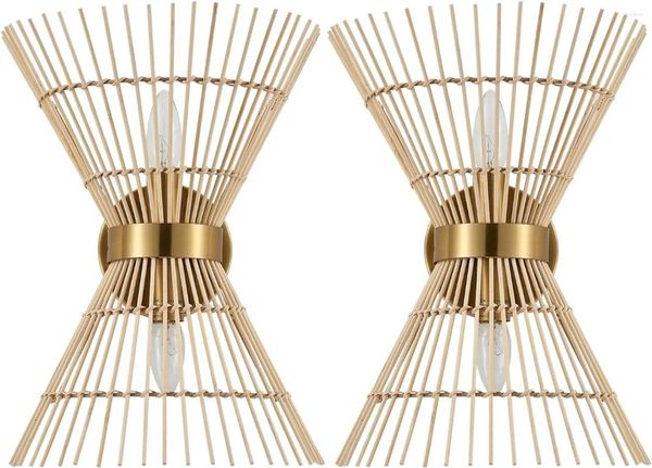 Lâmpada de parede Rattan Sconce Luminária com Boho tecido vime sombra antigo latão escova pintura acabamento para vaidade escada lareira ent