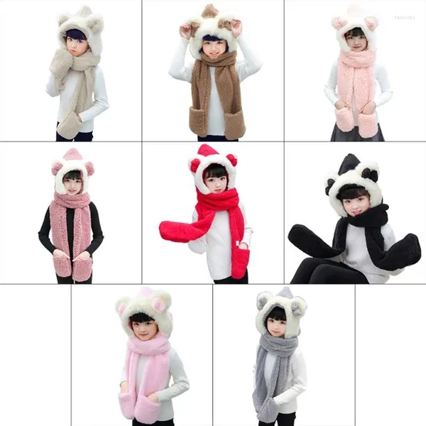 Berets meninas bonito bowknot urso orelhas animais chapéus de inverno earflap boné 3 em 1 quente pelúcia com capuz luvas mitten cachecol conjunto