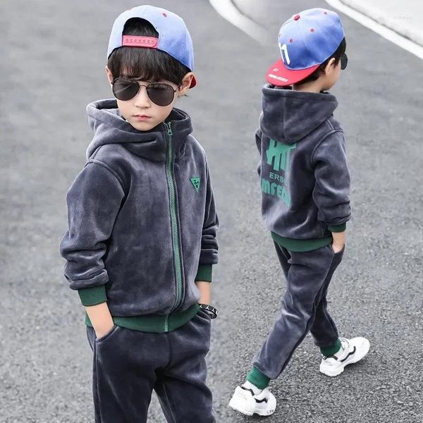 Conjuntos de roupas 2024 outono inverno crianças 2 pçs conjunto dupla face veludo moda carta com capuz hoodies casaco calças crianças meninos treino