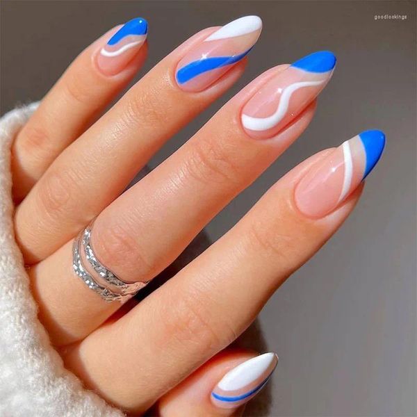 Unghie Finte 24 Pezzi Testa Rotonda Lunga Stampa Su Nail Art Finte Rimovibili Senza Soluzione Di Continuità Con Colla Bara Da Balletto Che Indossa Blu Riutilizzabile