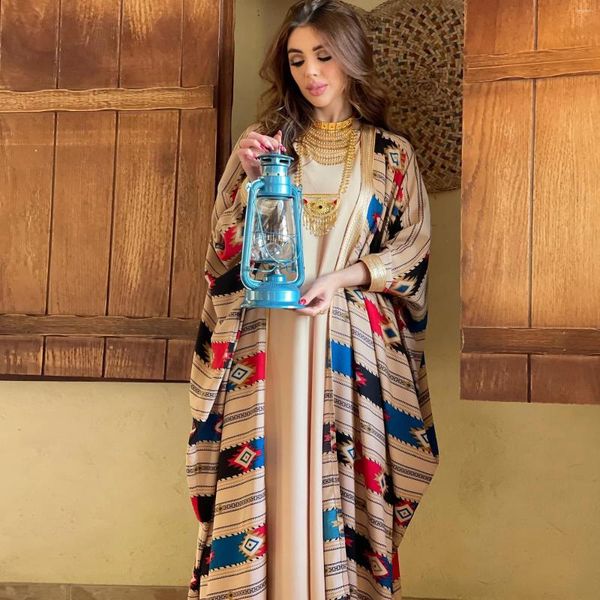 Roupas étnicas Duas Peças Muçulmanas Abaya Vestido Conjunto Colorido Listras Geométricas Imprimir Marroquino Kaftan Dubai Turquia Árabe Omã Qatar Robe