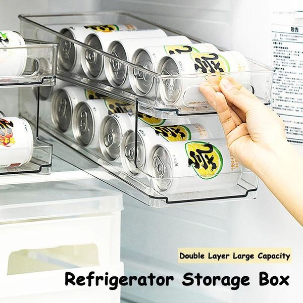 Organizzatore di lattine di soda a doppio strato per contenitori da cucina per dispenser di bevande per frigorifero, scatola di rotolamento automatica per birra in scatola