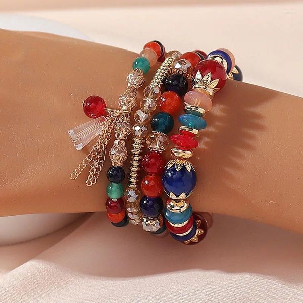 Filo 4 pz/set simpatici braccialetti con perline acriliche colorate per le donne ragazze braccialetto con ciondoli intrecciati fatti a mano catena Boho regalo di gioielli vintage