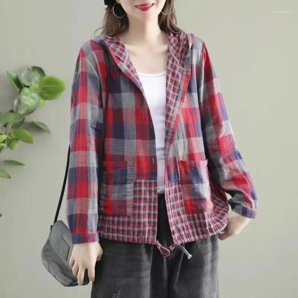 Blusas femininas primavera outono moda coreano designer roupas das mulheres xadrez com capuz camisas senhoras linho solto feminino casual oversized topos